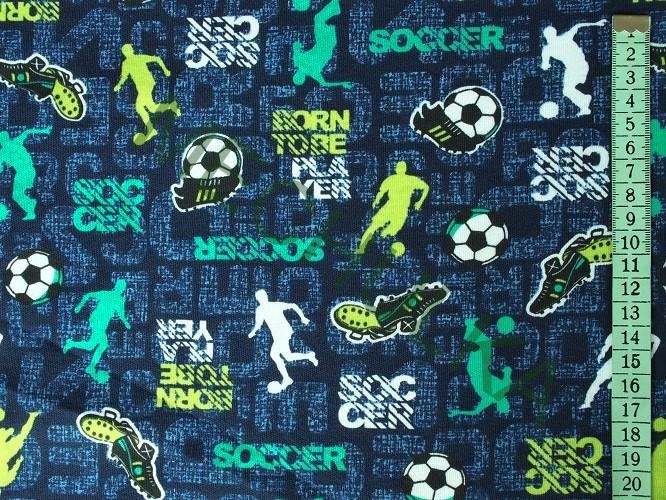 Fotbalisté, tmavě-modrá tričkovina oboulíc, potištěný bavlněný úplet, látka metráž