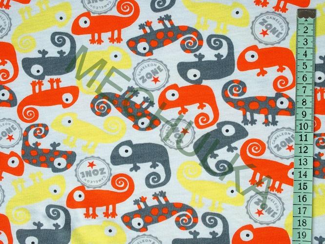 Chameleon Ještěr oranžový, tričkovina jednolíc, potištěný bavlněný úplet, látka metráž