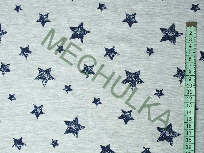 Hvězdy jeans, světle šedý melír tričkovina jednolíc, potištěný bavlněný úplet, látka metráž