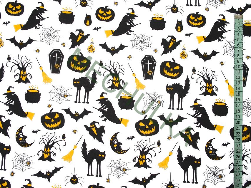 Dětské bavlněné plátno Halloween a dýně, bílá látka metráž