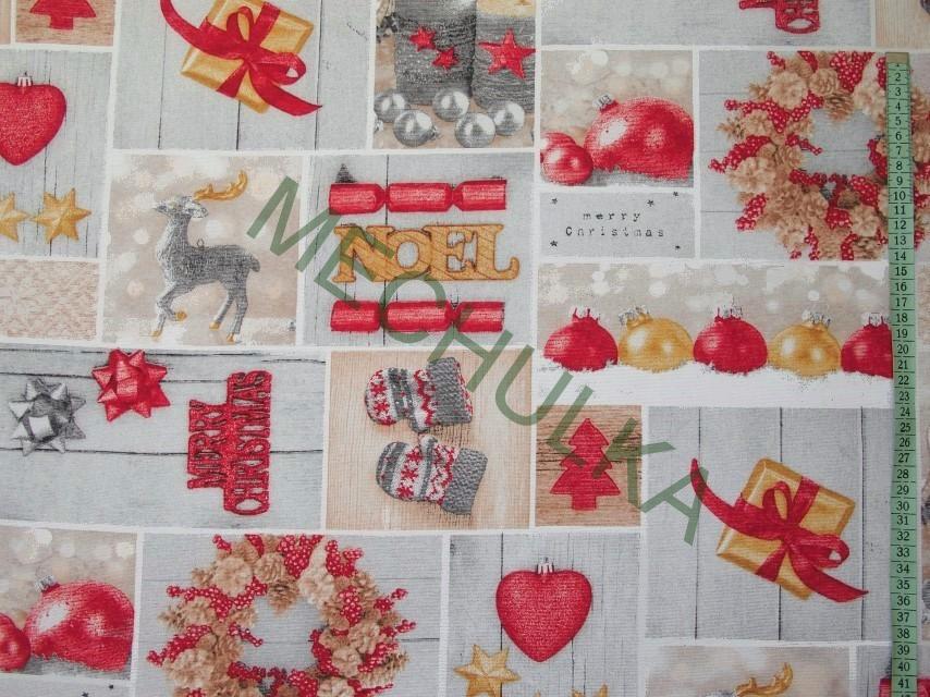 Bavlněné plátno Vánoční patchwork, béžovo-šedá látka metráž