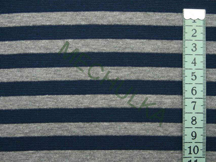Šedo-tmavě modrý proužek elastický patent, náplet, pruhovaný bavlněný úplet, látka metráž