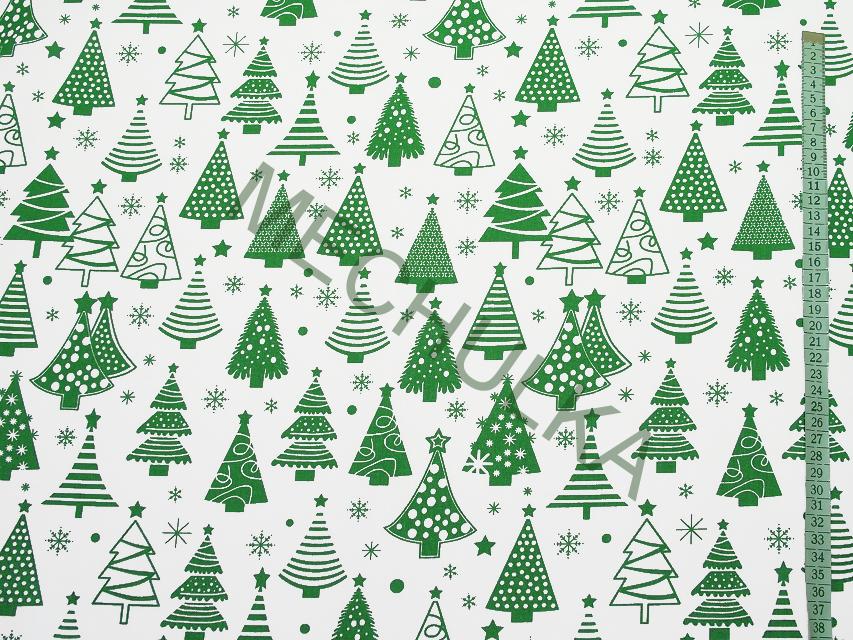 Bavlněné plátno Vánoční stromky zelené, bílá látka metráž