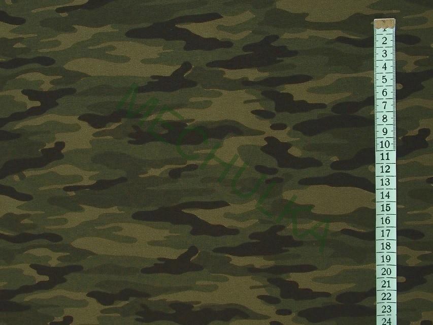 Maskáč tmavě khaki-černý SILNÁ teplákovina nepočesaná, potištěný bavlněný úplet, látka metráž