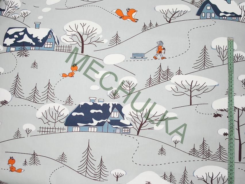 Dětské bavlněné plátno Zasněžená modrá vesnice, bledě šedá látka metráž