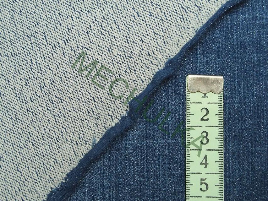 Jeans modrý elastická teplákovina nepočesaná, potištěný viskózový úplet, látka metráž