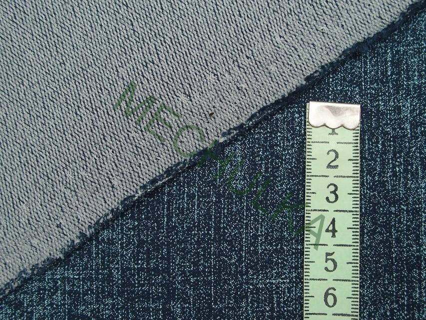 Jeans sepraný tmavě modrý elastická teplákovina nepočesaná, potištěný viskózový úplet, látka metráž