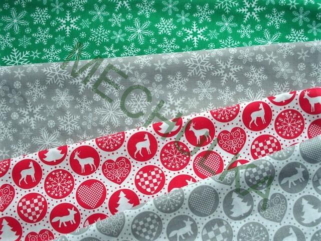 Bavlněné plátno Přírodní Vánoce, lesní motivy v kolečku, červená látka metráž