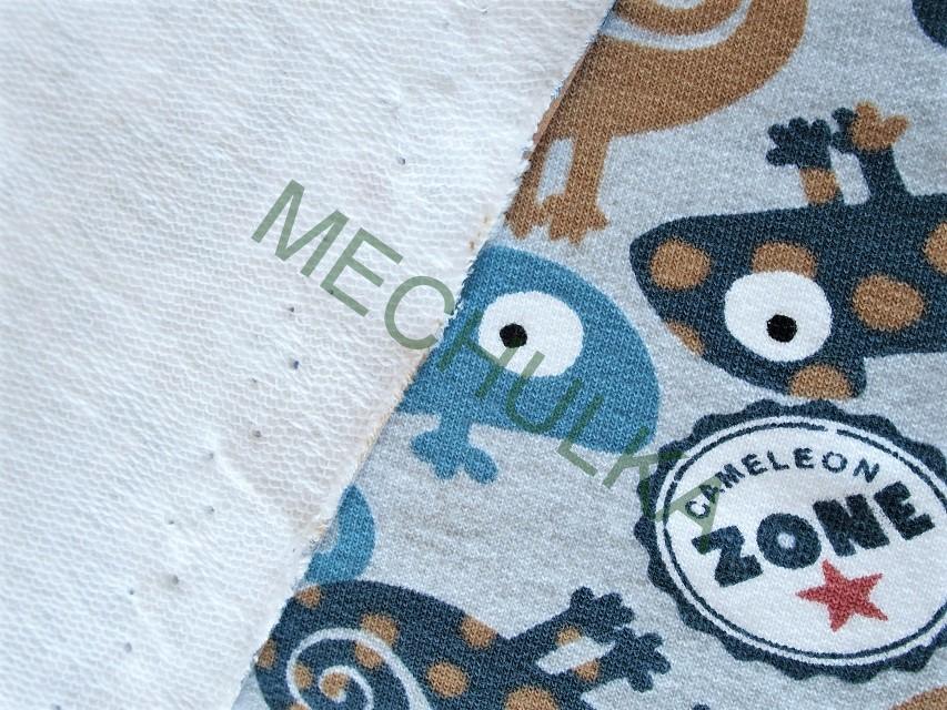 Chameleon Ještěr modro-hnědý, šedá elastická teplákovina nepočesaná, potištěný bavlněný úplet, látka metráž