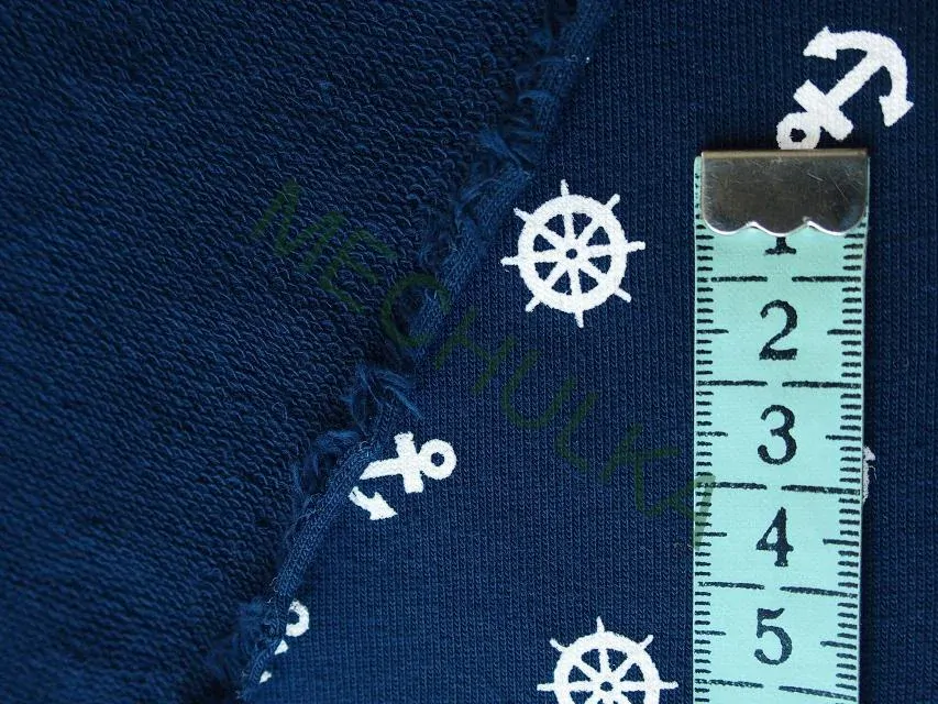 Malé kotvy a kormidla tmavě modrá elastická teplákovina nepočesaná, potištěný bavlněný úplet, látka metráž
