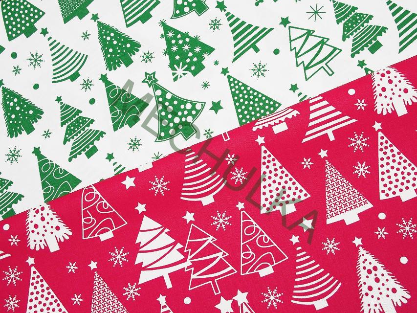 Bavlněné plátno Vánoční stromky zelené, bílá látka metráž