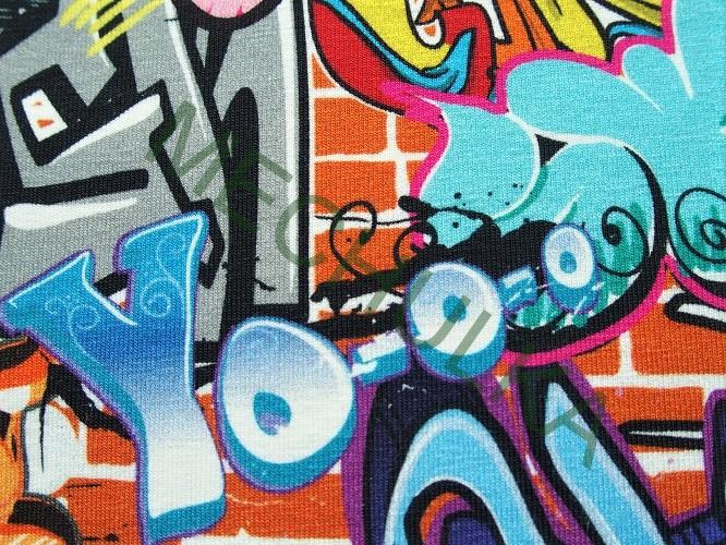 Graffiti Street Art DIGITÁLNÍ elastická teplákovina nepočesaná, potištěný bavlněný úplet, látka metráž