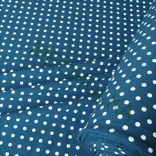 Bavlněný úplet elastický ZBYTEK S KAZEM 0,98 m - jednolícní látka metráž puntík na jeans modré - VÝPRODEJ