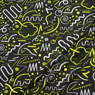 Vlnky, čáry a spirály, černá tričkovina jednolíc - ZBYTEK 2,1 m - potištěný bavlněný úplet, látka metráž - VÝPRODEJ