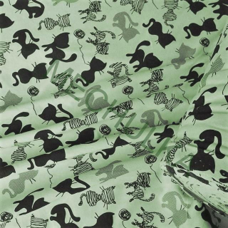 Koťata kočky olivová elestická tričkovina jednolíc, potištěný bavlněný úplet, látka metráž