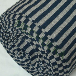 Šedo-tmavě modrý proužek elastický patent, náplet, pruhovaný bavlněný úplet, látka metráž